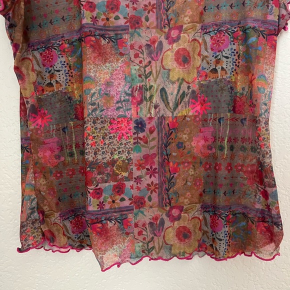 Pink Multi Floral Scoop Neck Sheer Mesh Patchwork Top - Picture 3 of 4